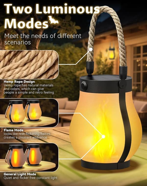 Solar-powered Outdoor Lights with Realistic Flickering Flame Effects; Solar LED Lanterns (2-pack)