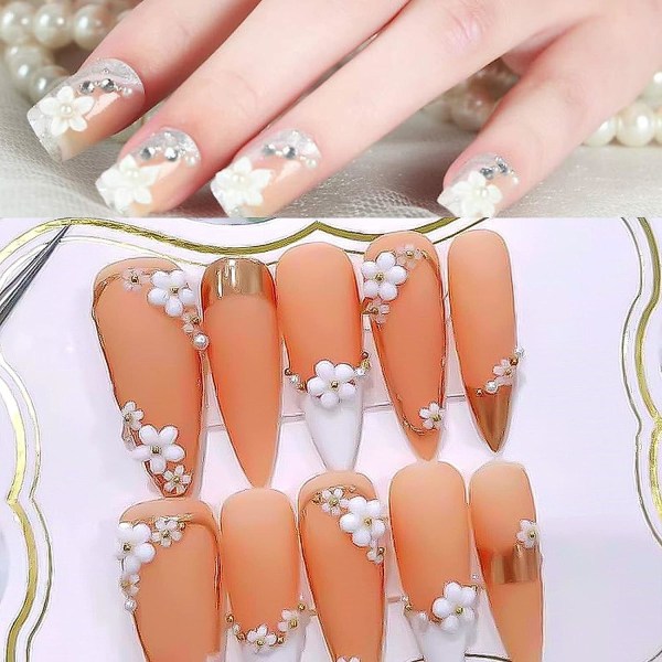 3d Floral Nail Art Charms Sett Glitter Hvite Blomster Perle Nail Art Golden Caviar Beads Negledekorasjon Akryl Nail Art Stud Nail