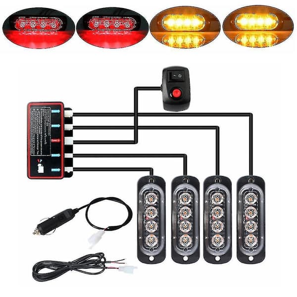 4 stk 4LED Strobelys 12V Strobelys 4 i 1 Bil Nødlys Beacon Nødlys Blinkende Lys (  [ege]