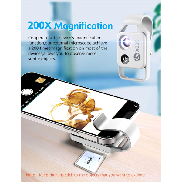 200X mini-mikroskop, egnet til smartphone-kameraer, mobiltelefon-mikroskoper, udforskning af mikroverdenen med smartphone-mikroskoper, hvid.