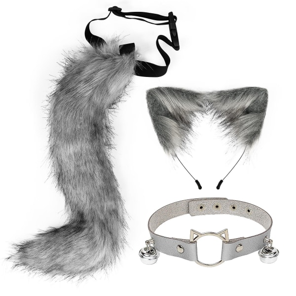 3 stk Cosplay Cat Cute Ears Pannebånd Furry Fox Tail Bell Neck Choker Set Leker Dark grey