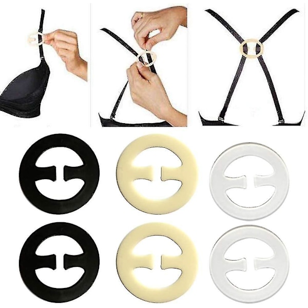 Dame BH BH Stropper Strop Clips Forlængersæt Skjul Racer Back Clips (6 stk, Sort, Hudfarve, Transparent Farve)