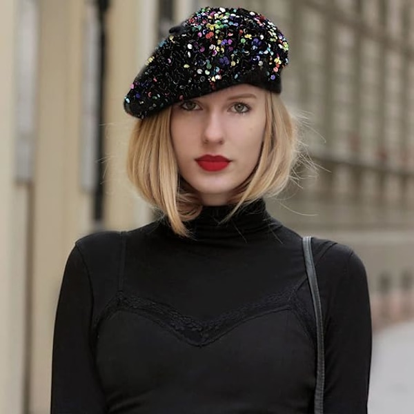 Paljett Basker Konstnär Hatt Bling Fransk Basker Hattar för Kvinnor, Fascinator Hatt