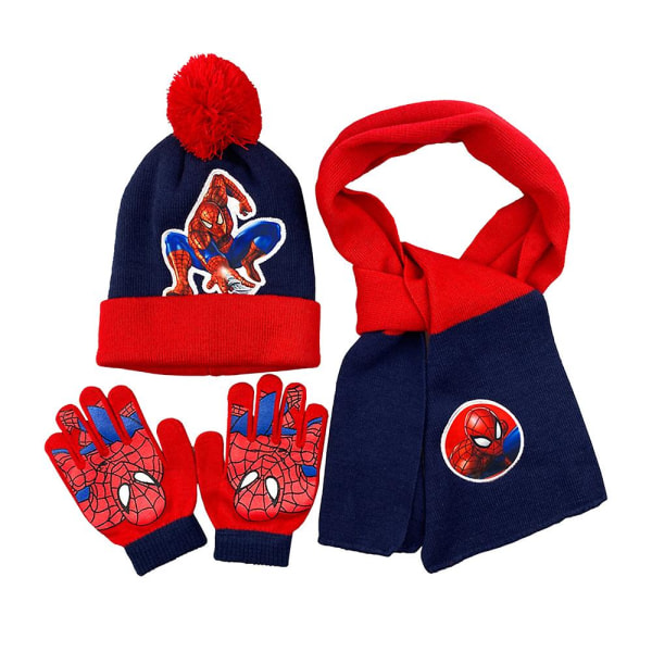 Barn Gutter 3 stk/sett Spiderman Winter Pom Ski Cap Superhelt Beanie Lue Skjerf hansker Sett Royal Blue And Red