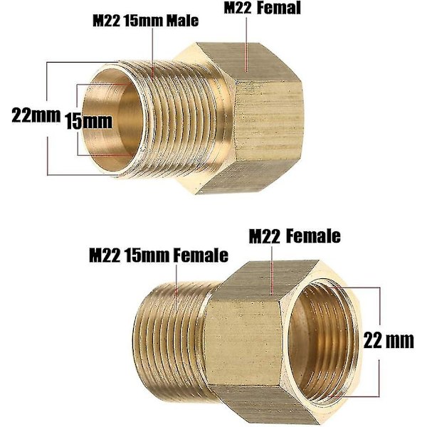 Koppling i mässing för högtryckstvätt, metrisk M22 15 mm hane till M22 14/15 mm hona invändig gänga slangadapter