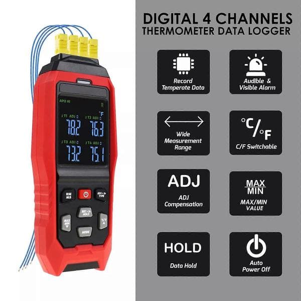 Digital K/J datalogger 4-kanals termoelementtermometer sanntids datalogging