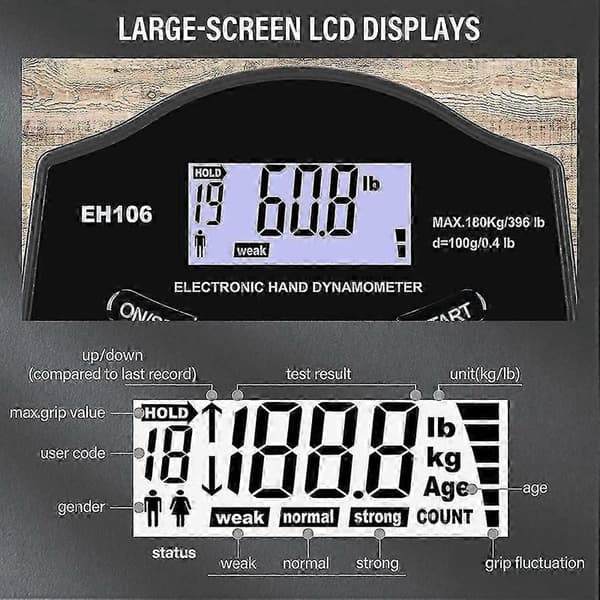 Grepstyrketester, 396Lbs/180Kg Digital Hånddynamometer Grepstyrkemåler USB LCD-skjerm Hånd