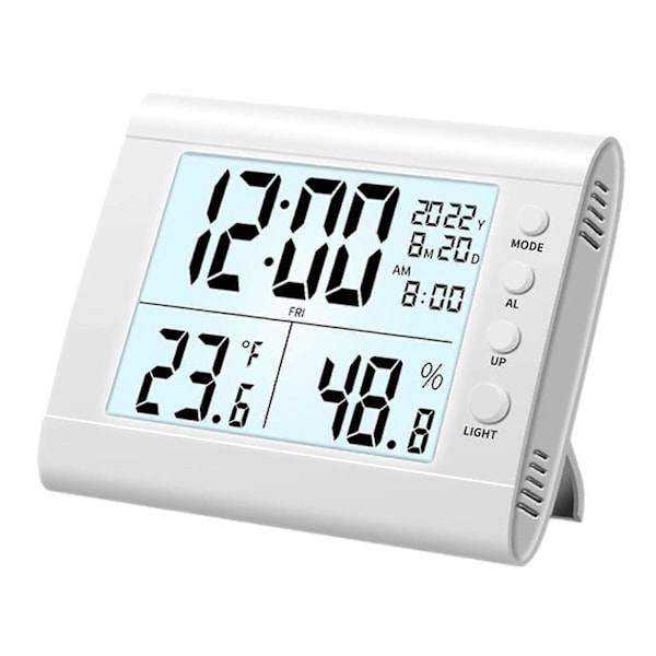 Digitalt Vækkeur Hygrometer Letlæseligt Stort Digitalt Display Husholdningstermometer Multifunktionelt Ur til Stue White