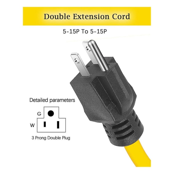 Hanförlängningssladd, Rv & Generatoradaptersladd, 5-15p för överföringsbrytare, 12awg 125v dubbelhane Yellow