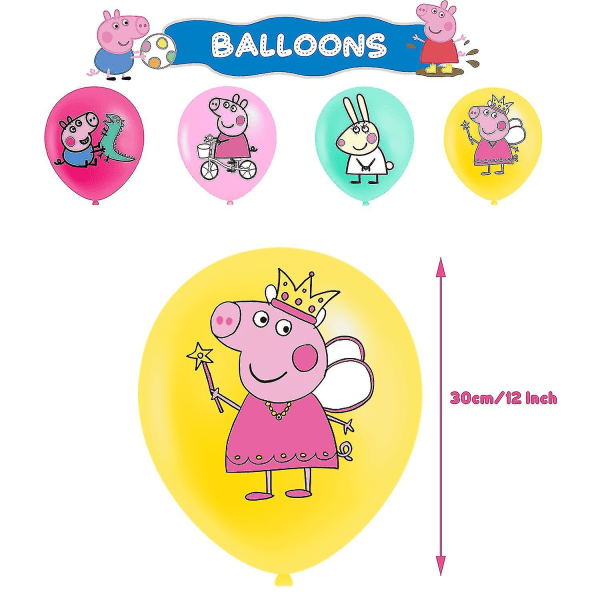 Rosa Piggy-tema Födelsedagsfestdekorationer Söta dragflikar Tårtainsatser Ballonger Spiralberlocker Inbjudningskort Set B
