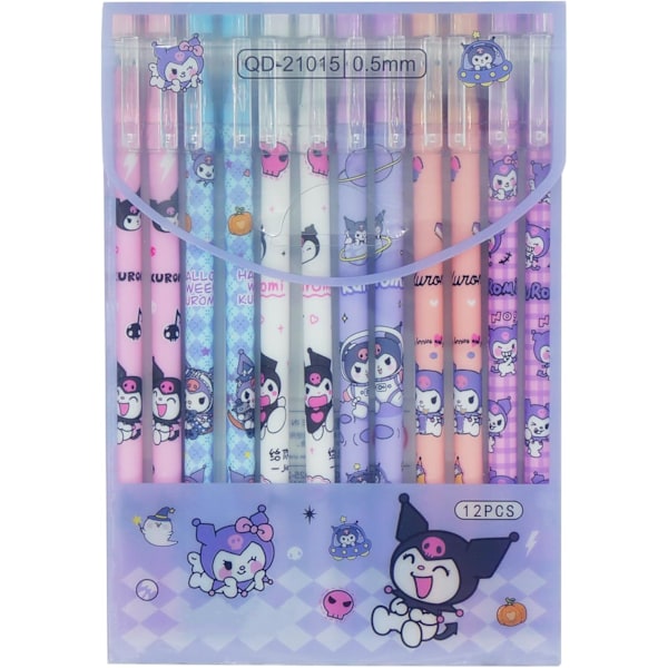 12 Pcs Cartoon Erasable Ballpoint Pens Anime Gel Ink Pen Black 0.5mm Melody Kitty Gifts Cute Kawaii School Supplies Set For Kid Teen Girls Students