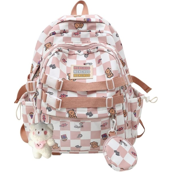Söt Kawaii-ryggsäck för tonårsflickor med docka, moderutig ryggsäck för skolryggsäck med rutigt mönster. (rosa)