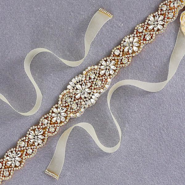 Brude Bælte Hånd Rhinestone Bryllup Bælte Klar Krystal 22in Længde Med Hvid Organza Bånd Til Brudekjole