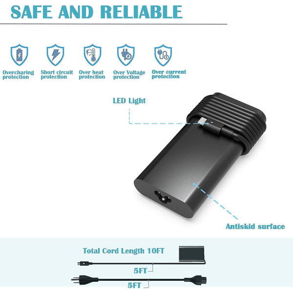 130W USB C Oplader til Dell XPS 15 9500 17 9700 9575 Latitude 7410 7310 7210 Type Laptop Strømforsyningsadapterledning