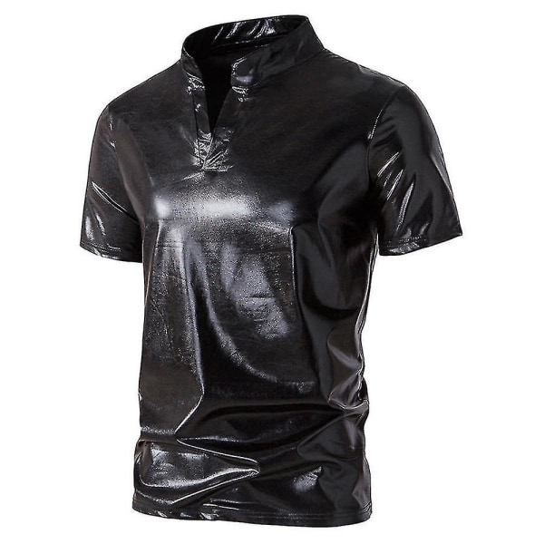 Mænd V-hals Sparkle Kortærmede skinnende poloshirts 70'er 80'er Disco Fest Casual T-shirts T-shirts Black S
