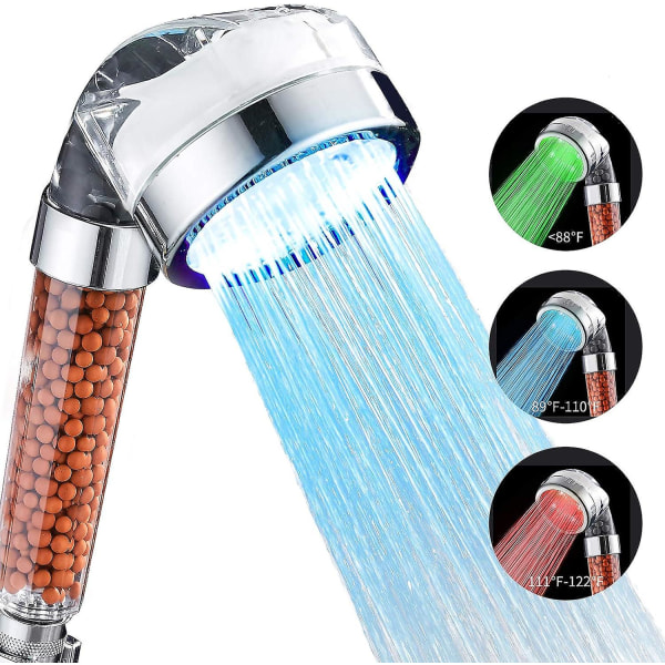 Ionisk håndbruser, 3 farvetilstande, temperaturskiftende brusehoved, Led højtryksbrusehoveder med udskiftelig filtrering til hårdt eller blødt vand