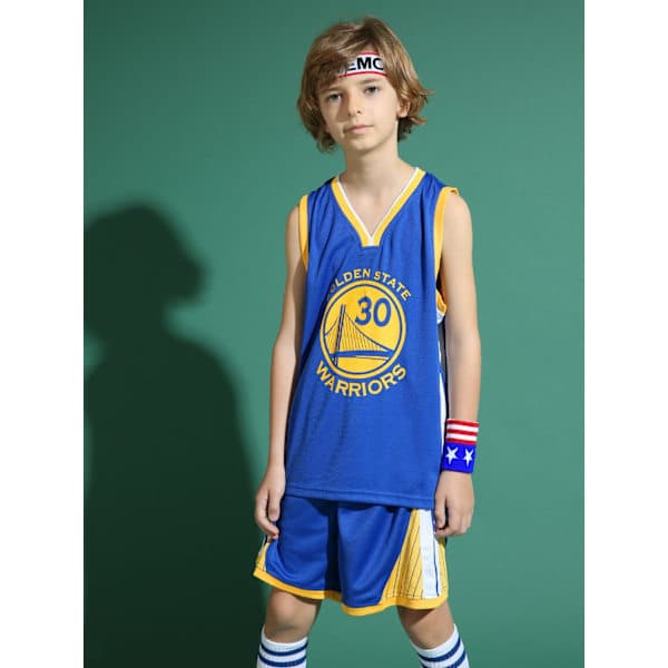 Stephen Curry #30 Basketlinne Set Warriors Uniform för Barn och Ungdom Blå - Perfekt Blå Blå M(125-135CM) Blå Blue M(125-135CM)
