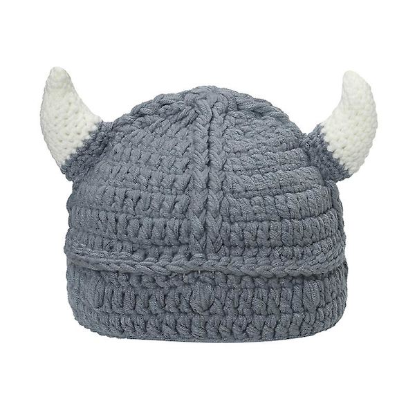 Vuxen Skägg Viking Stickad Mössa Barbarisk Tjurhorn Virkad Beanieluva Handgjord Stickad