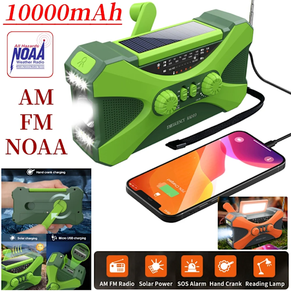 10000mAh monitoiminen radio käsikammennettava aurinko USB-lataus FM AM WB NOAA sääradio hätä LED-taskulamppu virtalähde