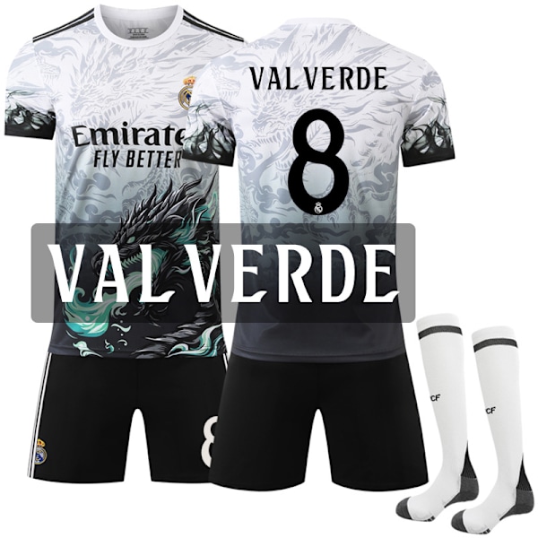 24-25 Real Madrid Qinglong Special Edition Dragon Hvit Fotballdrakt Nr. 8 med sokker for barn og voksne XL