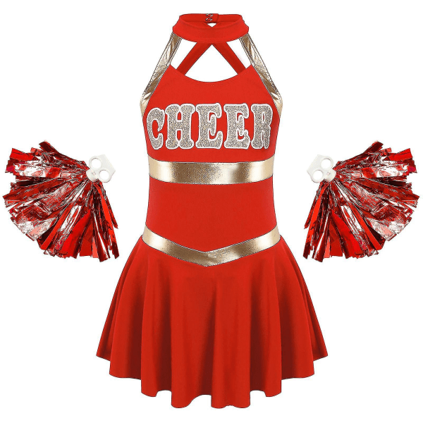 Barn Flickor Ärmlösa bokstäver Printed Dansklänning med tofs Blombollar Set för Cheerleading Kostym Cheerleader Uniformer 16 Red