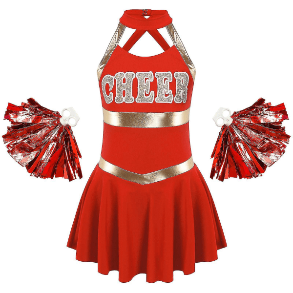 Børn Piger Ærmeløse Bogstaver Trykt Dansekjole med kvast Blomsterkugler Sæt til Cheerleading Kostume Cheerleader Uniformer 10 Red