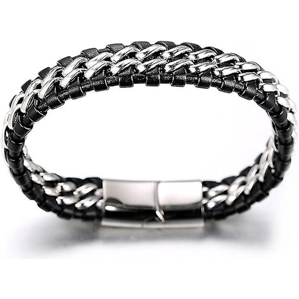 Hantverkarstillverkat armband för pojkar | Äkta svart läder | Magnetisk lås i rostfritt stål i silver | Med titan kedja i guld