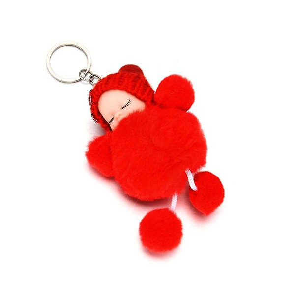 Sovande Bebis-Rosett Fluffig Pompom Plyschdocka Hängande Smycke Nyckelring Red Bowknot