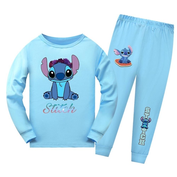 7-14 år Lilo & Stitch Pyjamassæt til børn Langærmede T-shirt Bukser Outfit Loungewear Nattøj Gaver Light Blue 7-8 Years