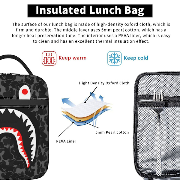 Hip Hop Camouflage Bape Shark Lunch Bag Lunchbox Multifunktionell Återanvändbar Lätt Lunchväska Tote Box för Flickor Pojkar Tonåringar Vuxna Presenter-w33
