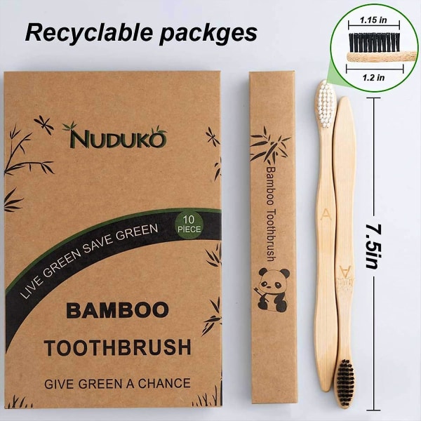Biologisk nedbrytbar bambus tannbørste, 10 pakke BPA-fri myk tannbørste, naturlig miljøvennlig grønn tannbørste