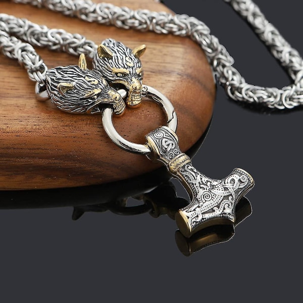Män Wolf Head halsband nordiska smycken amulett Thors hammare hänge halsband