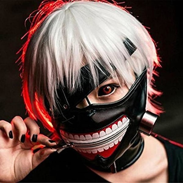 Tokyo Ghoul Kaneki Ken Mask Punk Mask Halloween Masquerade Cosplay Rekvisitter Gothic Justerbar Glidelås Maske Med avtakbar øyelapp