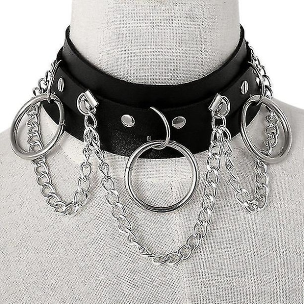 Läder Choker Metal Ring Chain Halsband, Justerbar Punk Collar Chain, Sexig mjuk Pu Läder Choker Halsband - Svart