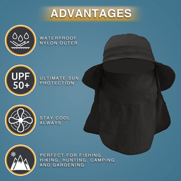 Wekity Fiskehatt Solbeskyttelseshatt - Premium Upf 50+ Sammenleggbart Flap Cover Boonie Hat For Men & Women Black