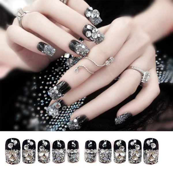 Längd Mandelpress på naglar: 24st Flash Diamond Crystal Lång glansig kista Flash Fake Nails Press On Nagellim False Tips Manikyr för kvinnor och