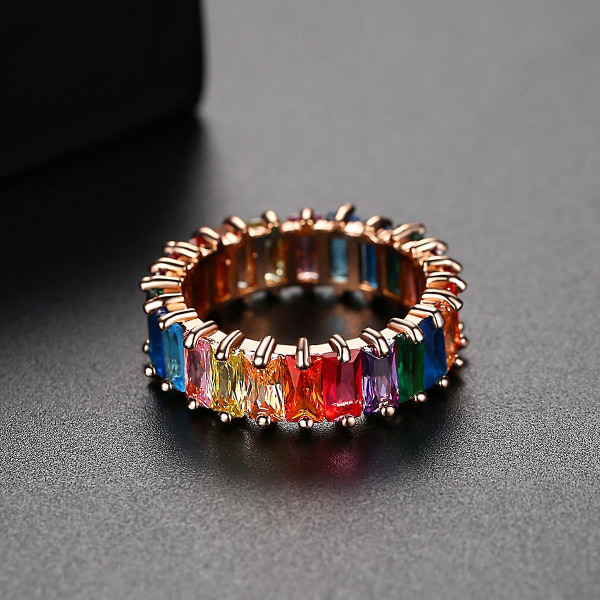 Rose Guldpläterad Emerald-cut Multi Colorcreated-ädelsten Eternity Ring Rainbow-6