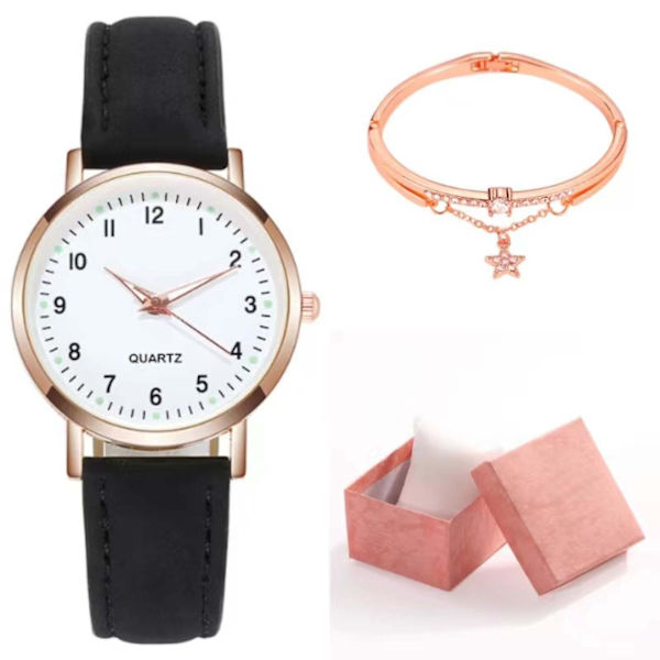 Klassisk dameur med kvartsurværk, selvlysende urskive, frostet læderrem, retro lille rundt dameur med armbånd og æske Black