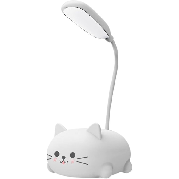 Skrivebordslampe for barn, søt katt led bordlampe med fleksibel arm, usb oppladbar bordlampe, øyebeskyttelse, leselampe, tegneserie Kawaii nattbord L White