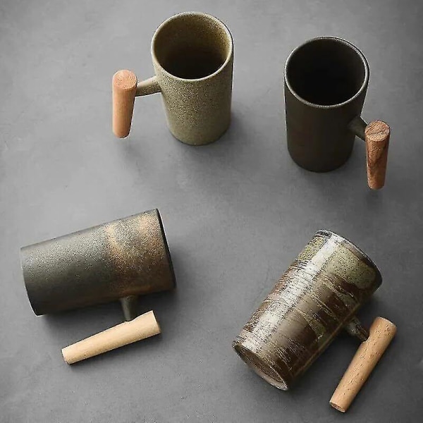 Nordic Earth Mugs Vintage keramisk kaffekrus i japansk stil med træhåndtag Matcha Green