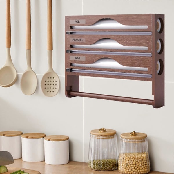 Wrap Dispenser Bambus Aluminiumfolie og Bagepapir Opbevaring 4 in 1 brown
