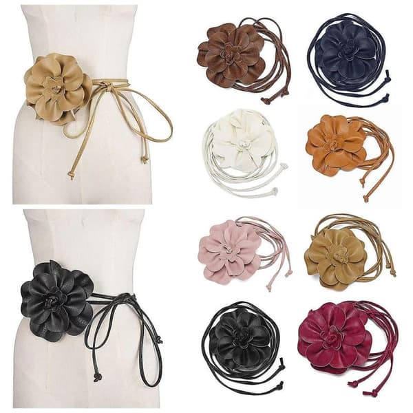 Boho Blomster Midjebälte för Kvinnor Flickor Blommig Konstläder Rep Midjeband Bröllopsklänning Tunt Midjeband Navy Blue One Size