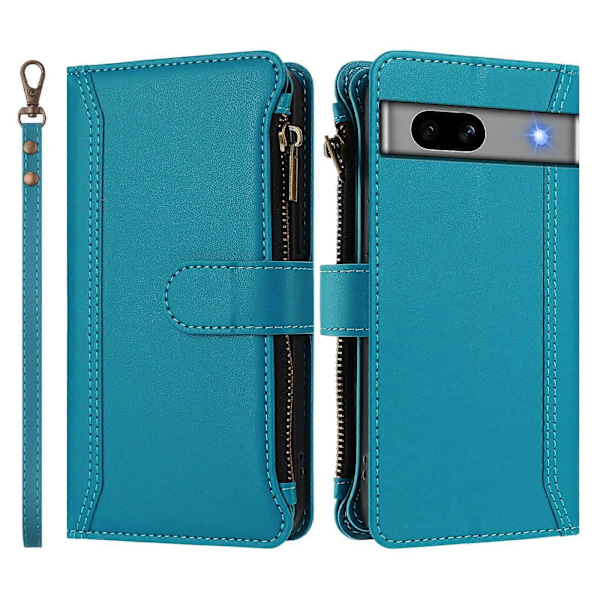 Magnetisk Stängning 9 Kortplatser Dragkedja Läderfodral med Handrem Turquoise For Google Pixel 7a