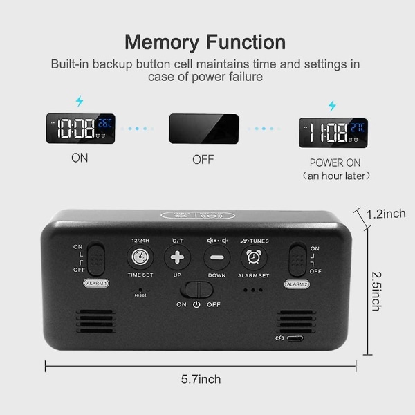 Laddningsbara väckarklockor, LED digital sängklocka med 13 valfria larmljud, dubbla larm, temperaturdisplay, snooze, justerbar volym, USB R