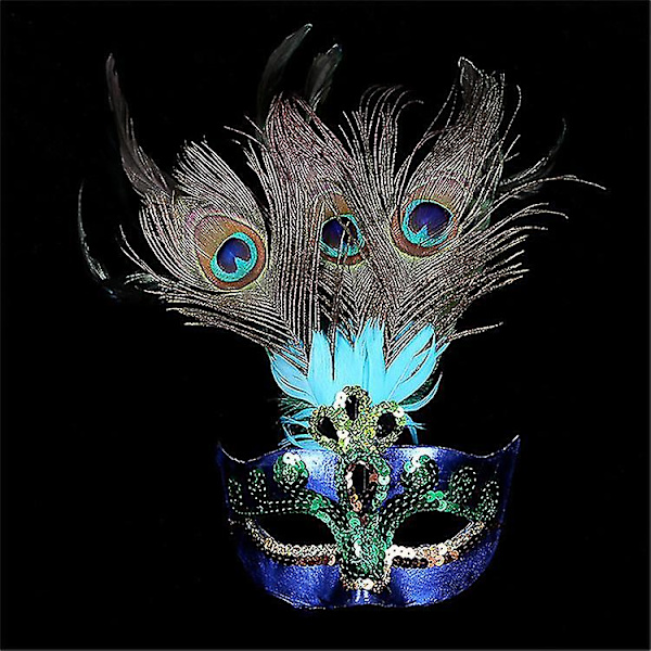 Dame Maskerade Påfuglfjær Maske, Karneval Party Maske (1 stk, Blå) Y