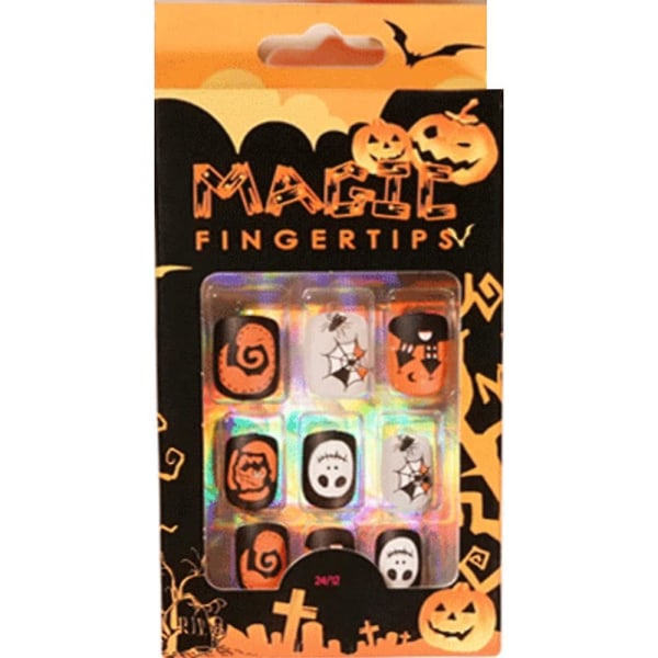 Lyhyet musta halloweenpaino kynsillä Neliö tekokynnet akryyli Spooky Prom Halloween Nails kurpitsa tekokynnet hyytelöliimalla tarra 24kpl (hallowee