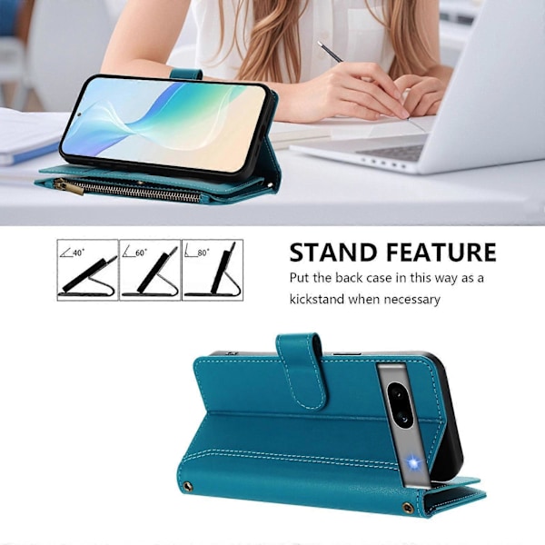 Magnetisk Stängning 9 Kortplatser Dragkedja Läderfodral med Handrem Turquoise For Google Pixel 7a