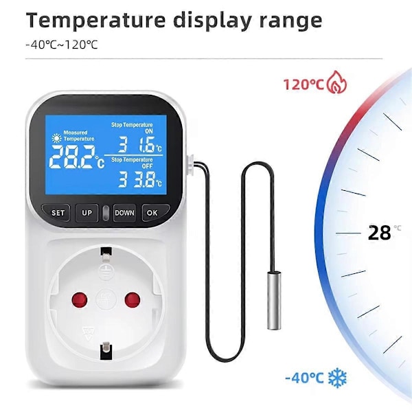 Digital Temperaturstyring Sokkeluttak Termostat med Tidssensor Sonde Oppvarming Kjøling Bryter 16A EU-kontakt
