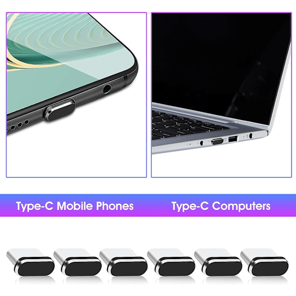 6 stycken C-port dammskydd plugg laddningsport skydd USB C-port skydd C-typ metall dammtät plugg (svart)