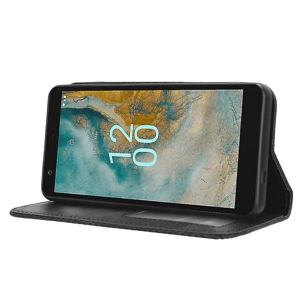 Yhteensopiva Nokia C02 Magnetic Pu Nahkainen case Iskunkestävä jalusta Lompakon puhelimen suojakuori-k Black
